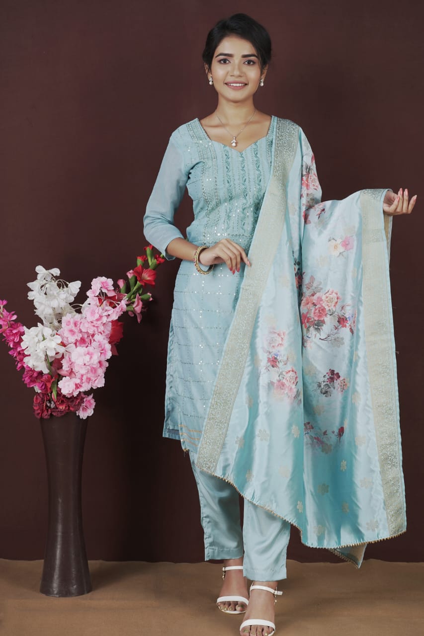Embroidered Suit Set With Digital Print Silk Dupatta